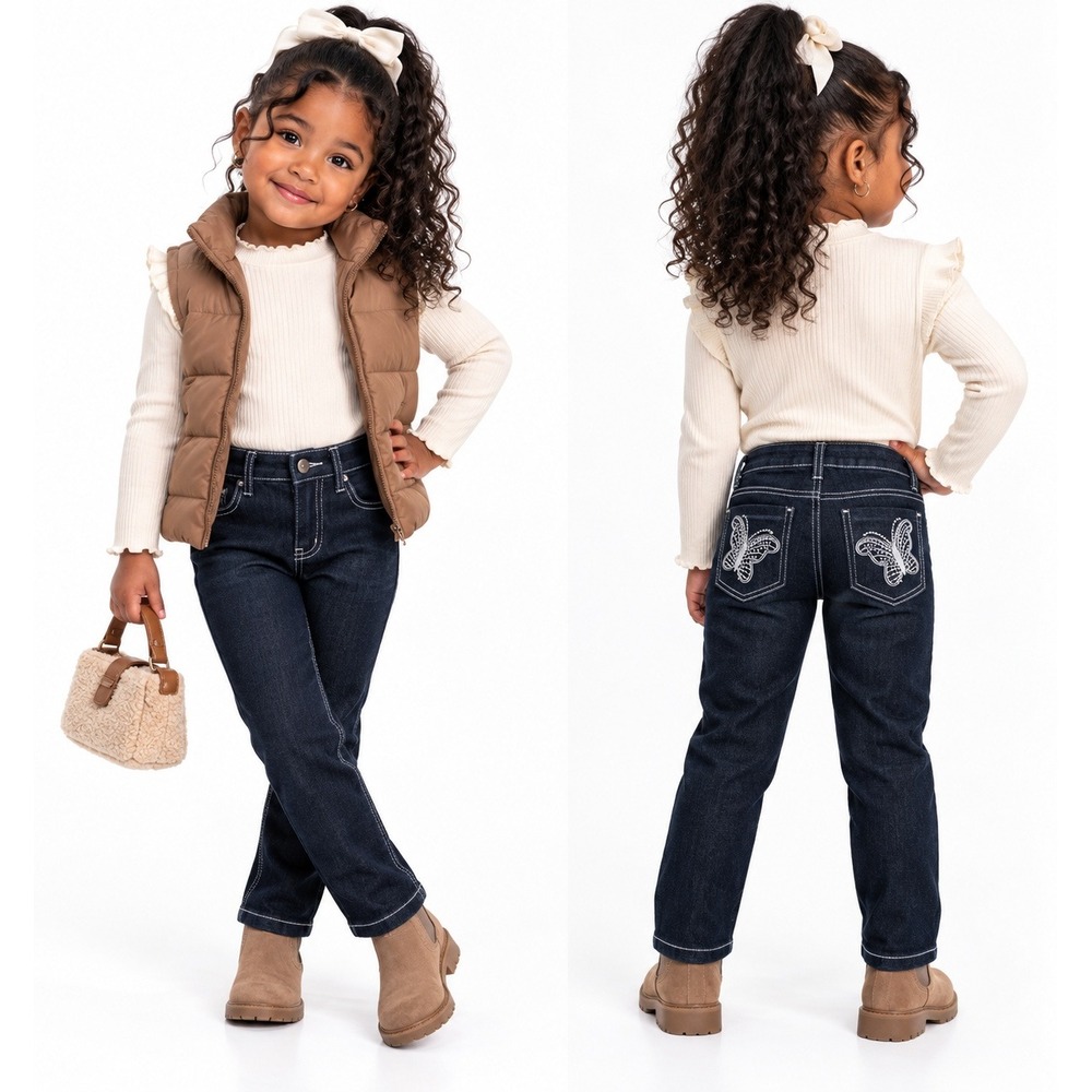 Girls Dark Wash Denim Straight Leg Jeans Rhinestone Butterfly Pockets Size 4
